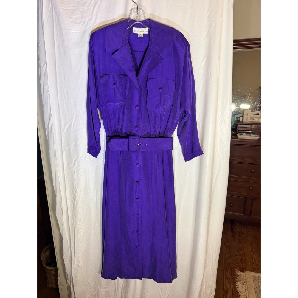 Vintage Purple 100% Silk Belted Midi Shirt Dress Womens 8 90s Y2K
